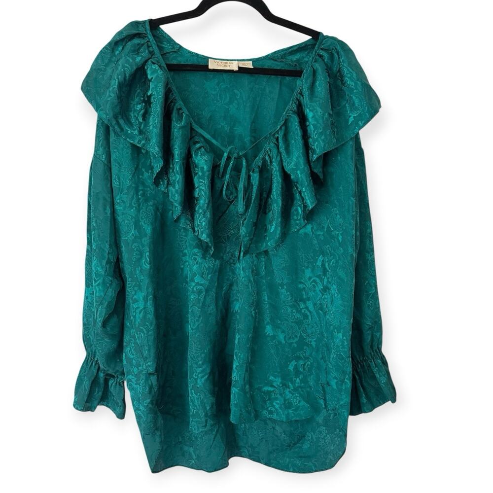 Victoria’s Secret Vintage Emerald Green Satin Ruffle Nightgown Gold Label Small